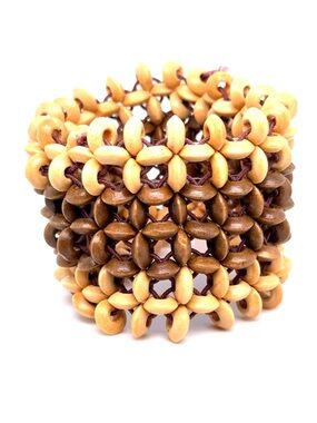 Handmade Two-Tone Wooden Bead Stretch Bracelet‎ - Brown & Tan (E5)